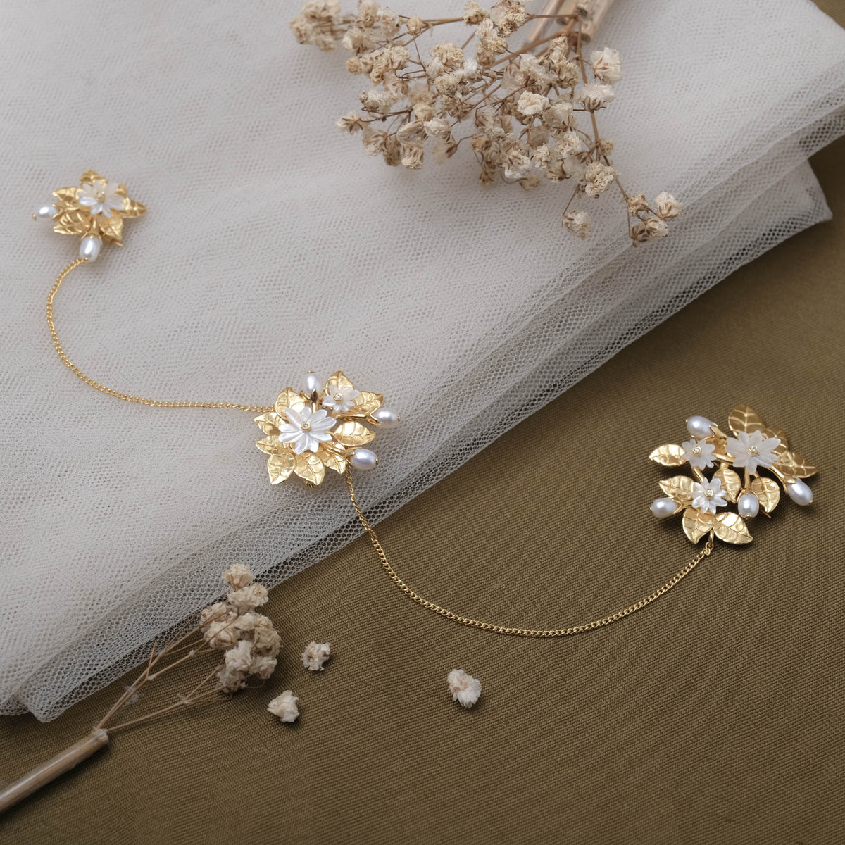 Triple Brooch Silver Pearl Jasmine Collection Sterling Silver 925 Gold Plated