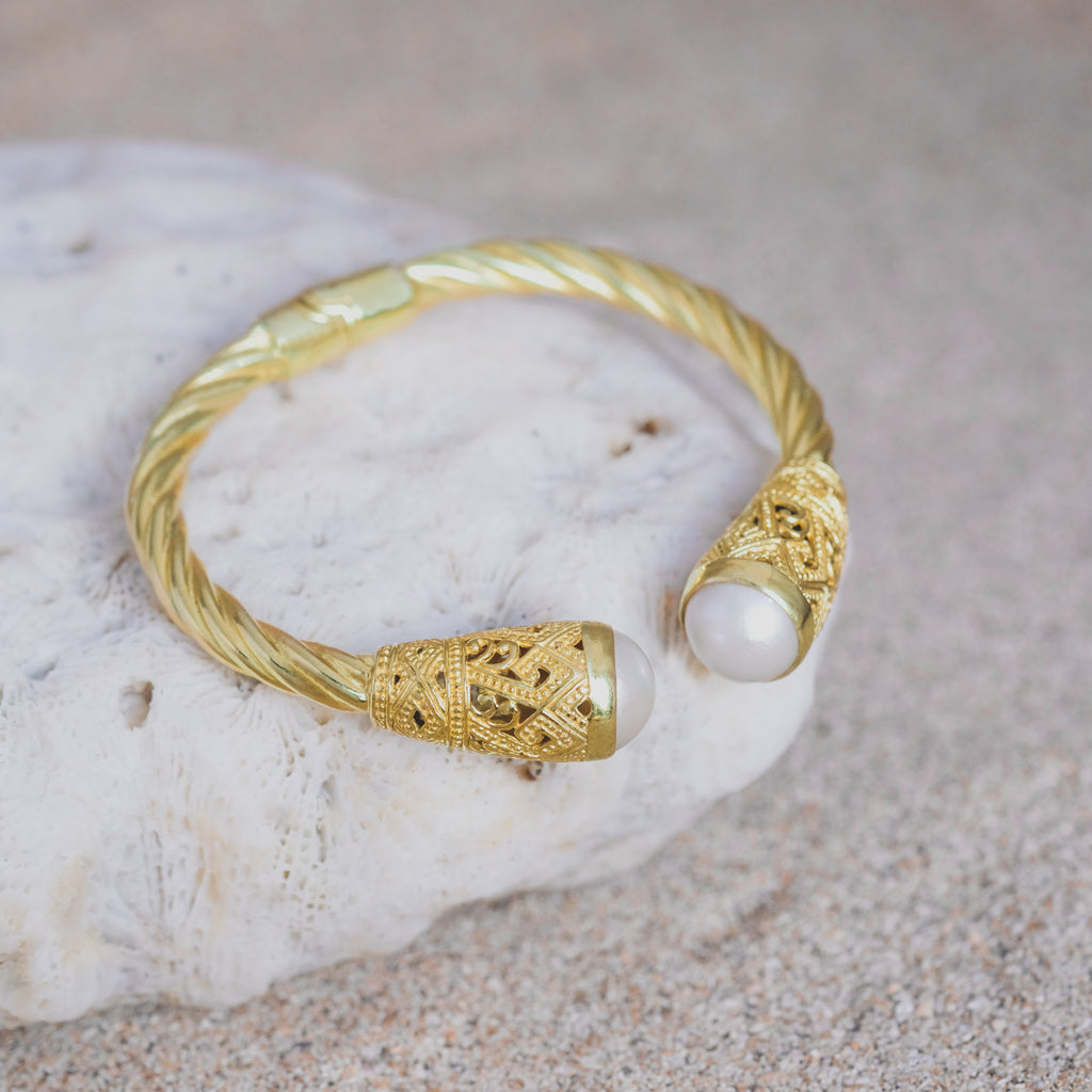 Large Silver Cuff Bracelet Mandalika Pearl Collection Sterling Silver 925 Gold Plated