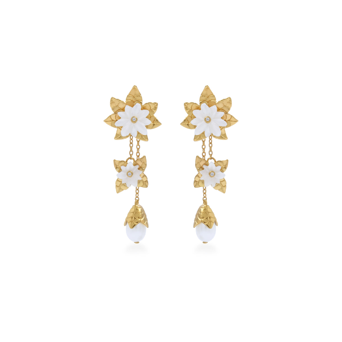 Anting Drop Trio Perak Koleksi Mutiara Melati Sterling Silver 925 Gold Plated