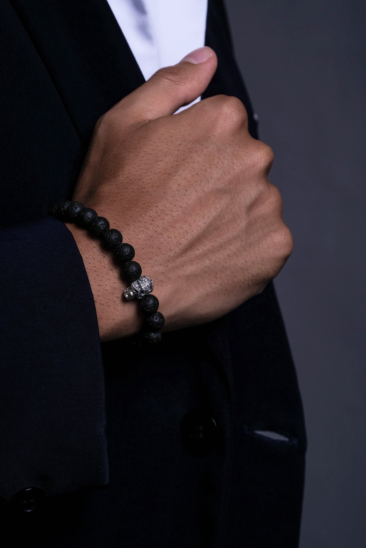 925 Sterling Silver Oxidized Skull Lava Bead Bracelet