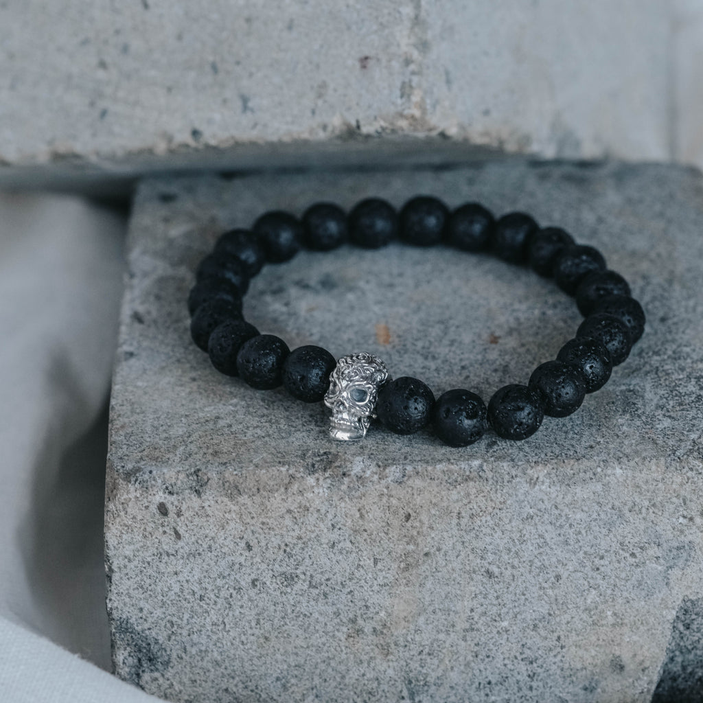 925 Sterling Silver Oxidized Skull Lava Bead Bracelet