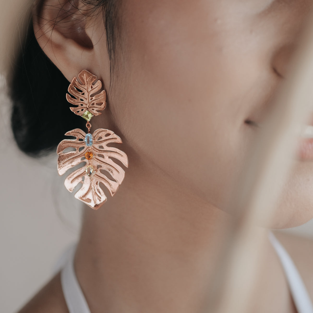 Anting Statment Perak 925 Monstera Rose Gold Plated