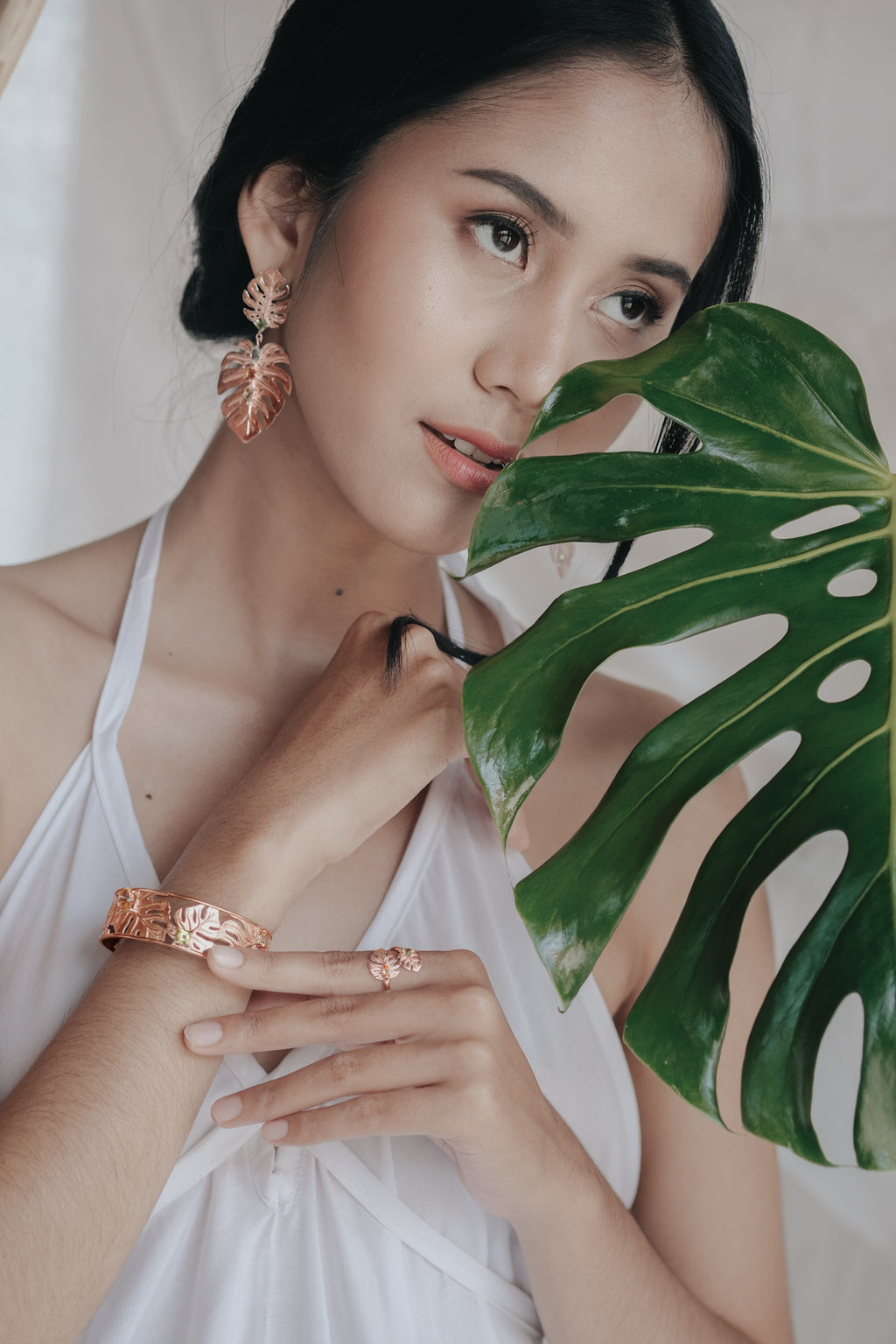 925 Silver Monstera Rose Gold Plated Statement Earrings