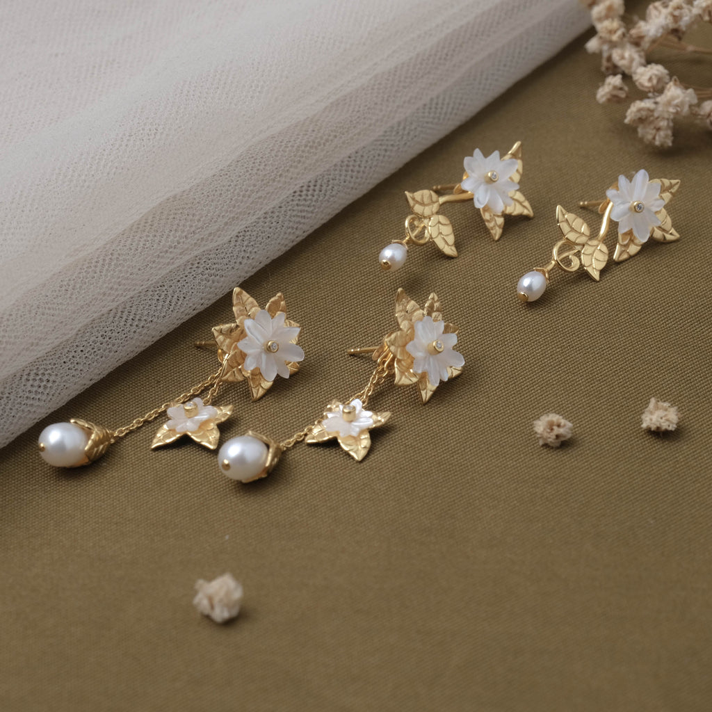 Melati Pearl Collection Duo Drop Earrings Sterling Silver 925 Gold Plated