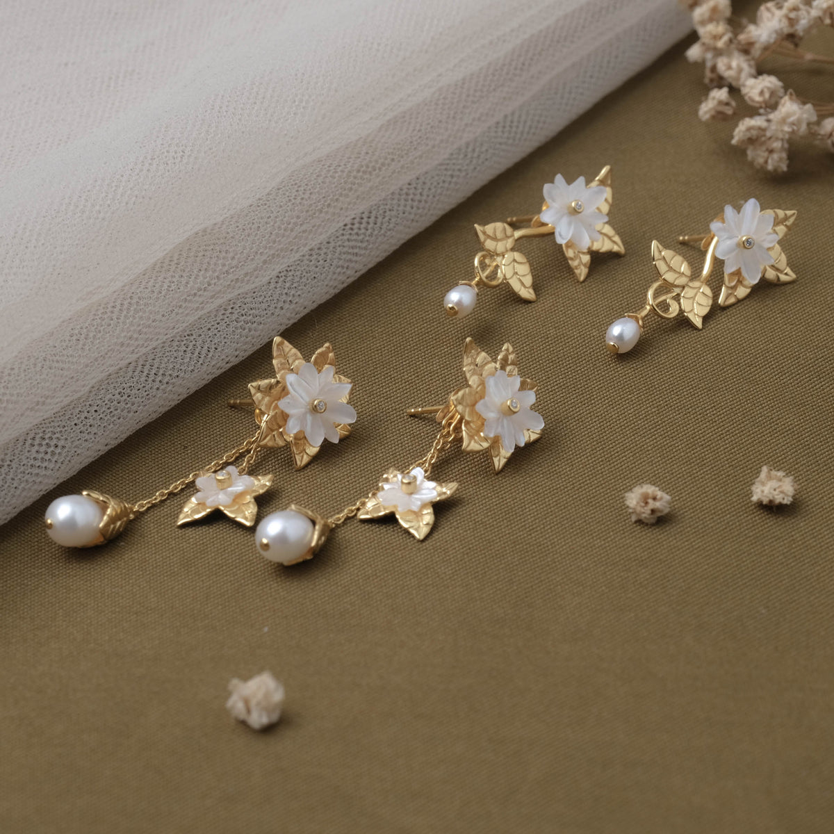 Melati Pearl Collection Duo Drop Earrings Sterling Silver 925 Gold Plated