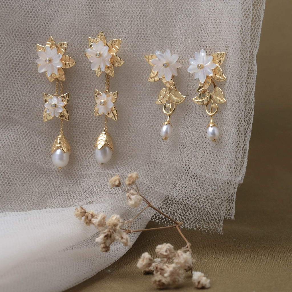Anting Drop Trio Perak Koleksi Mutiara Melati Sterling Silver 925 Gold Plated