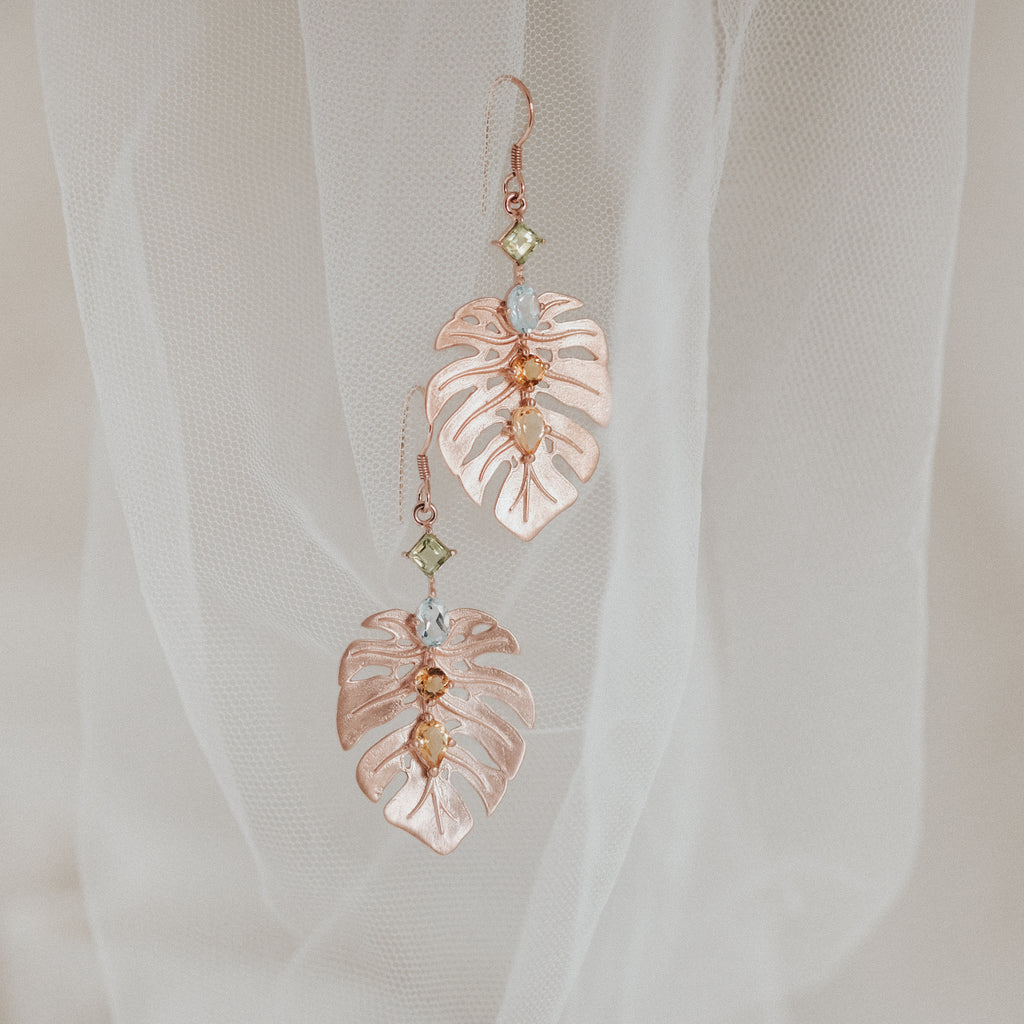 Anting Dangle Perak 925 Monstera Rose Gold Plated