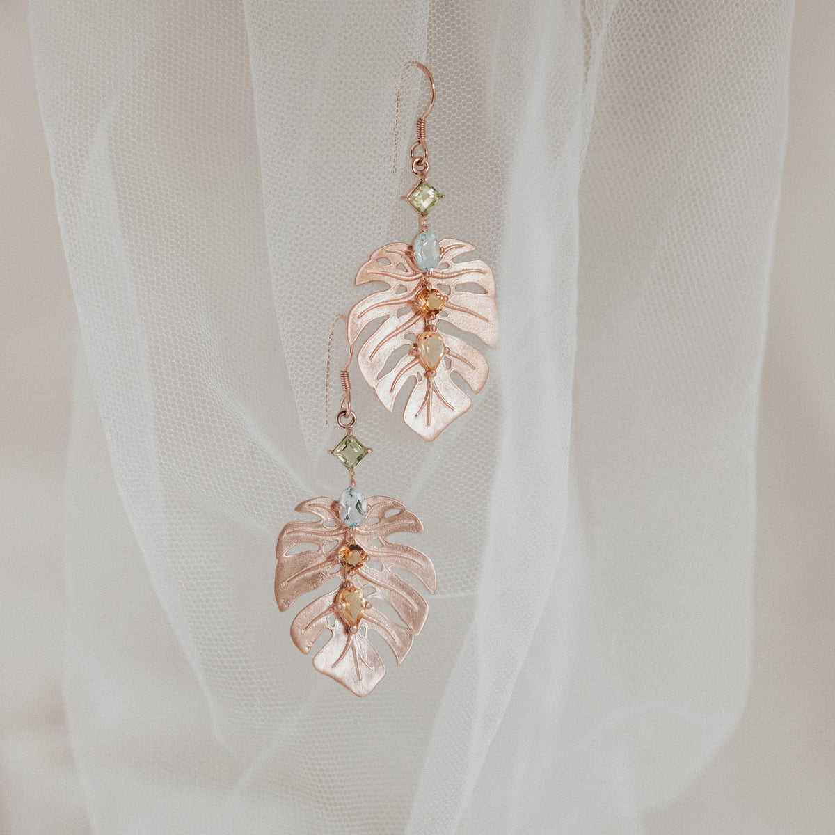 Anting Dangle Perak 925 Monstera Rose Gold Plated