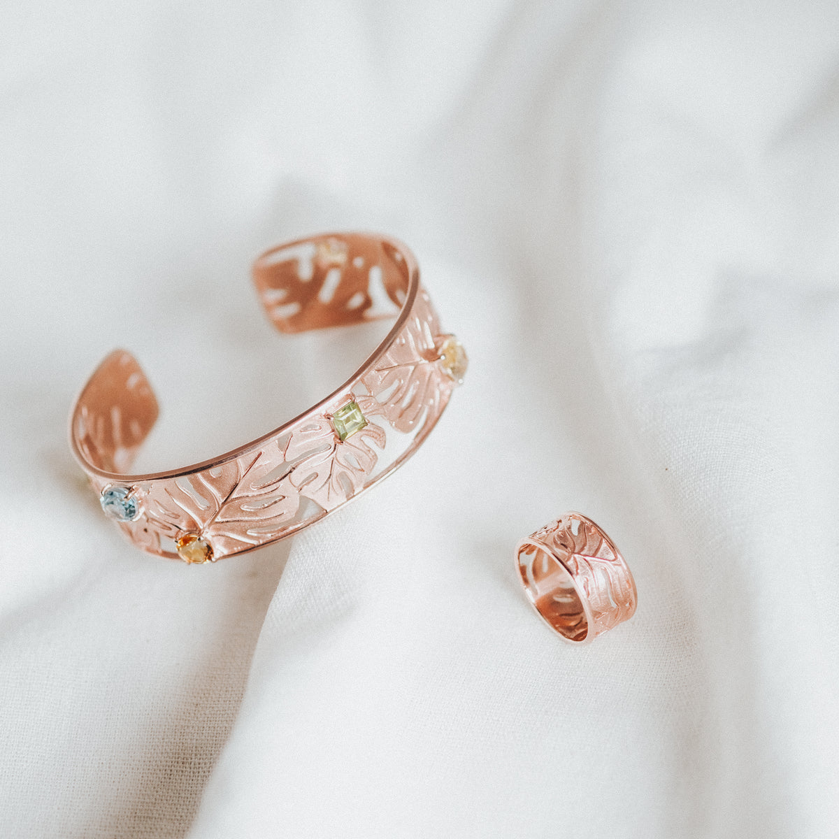 Cincin Band Perak 925 Monstera Rose Gold Plated
