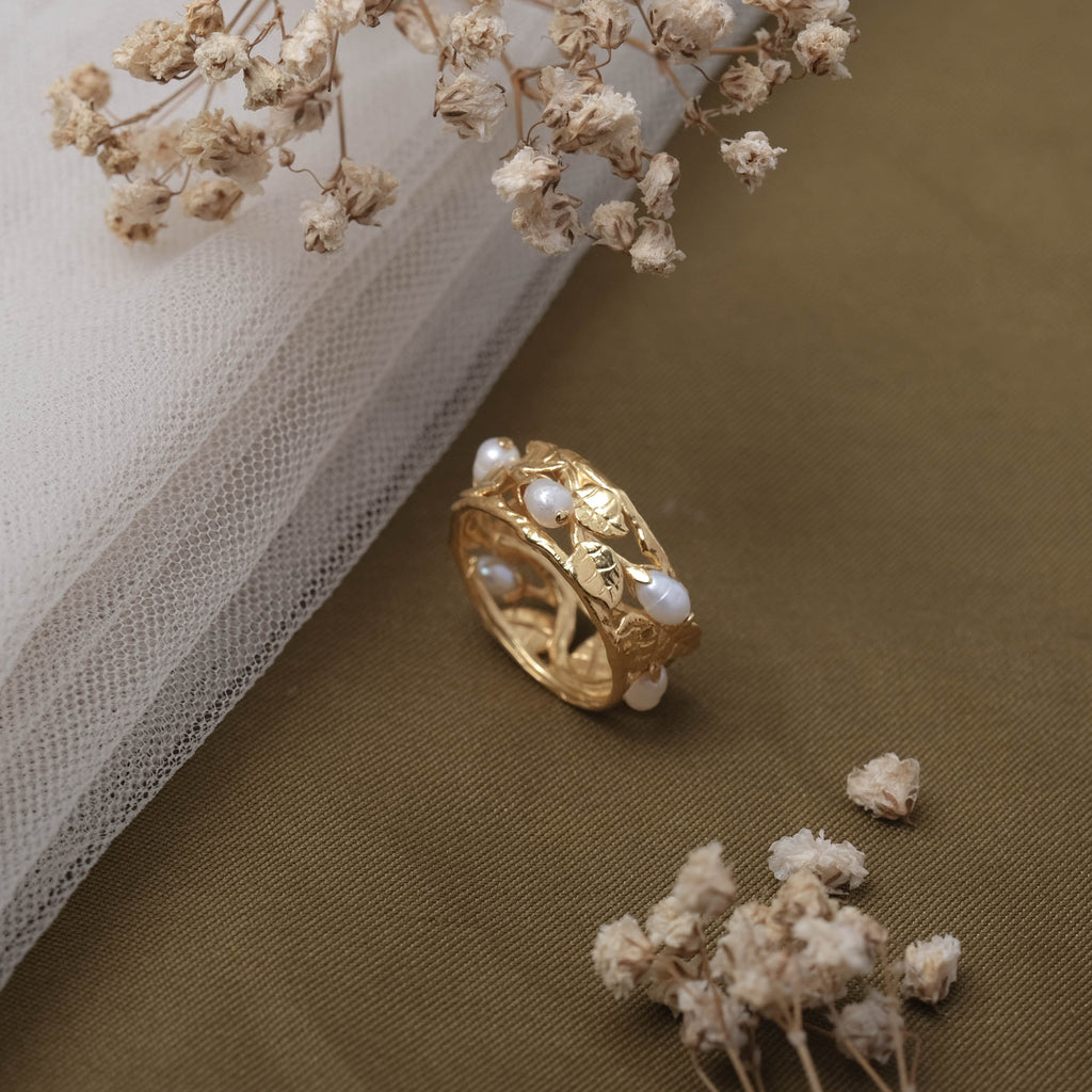 Cincin Bandring Perak Koleksi Mutiara Melati Sterling Silver 925 Gold Plated