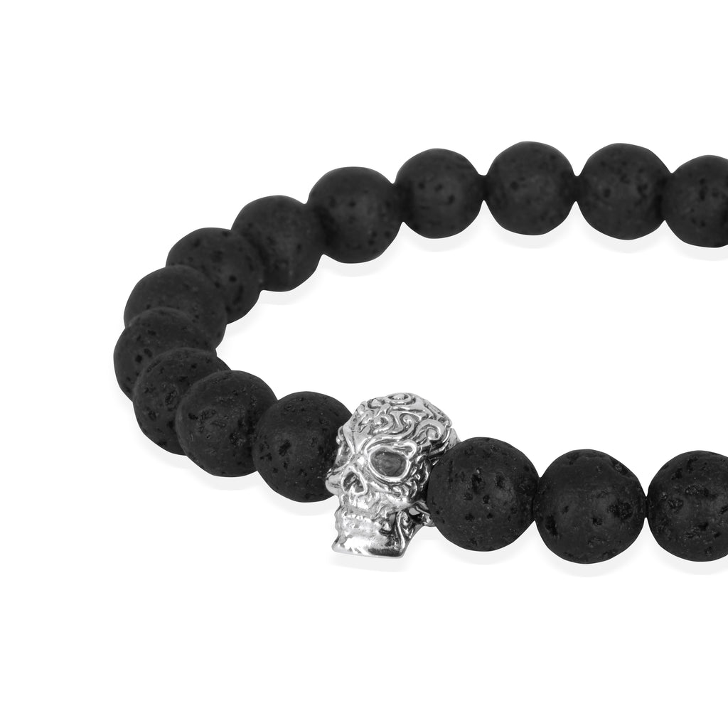 925 Sterling Silver Oxidized Skull Lava Bead Bracelet