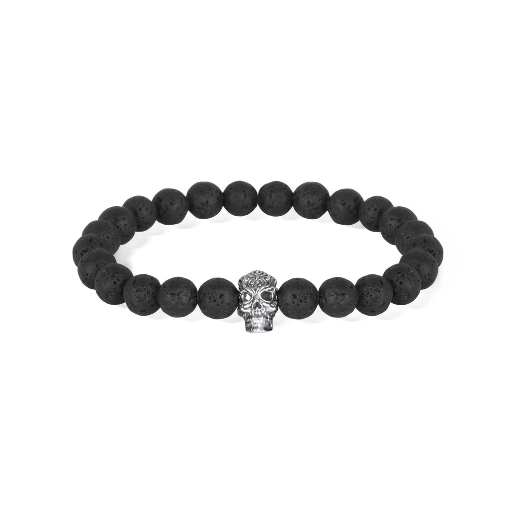 925 Sterling Silver Oxidized Skull Lava Bead Bracelet