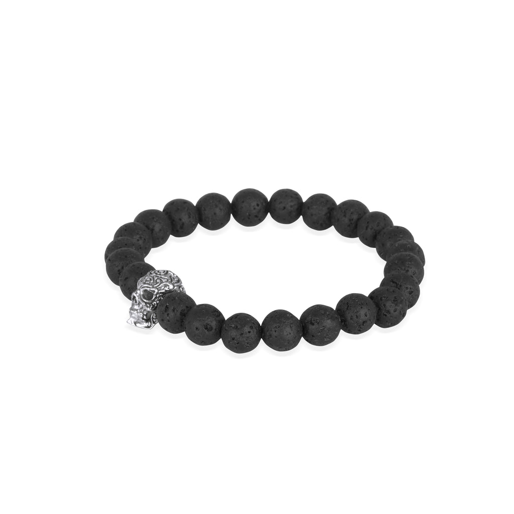 925 Sterling Silver Oxidized Skull Lava Bead Bracelet