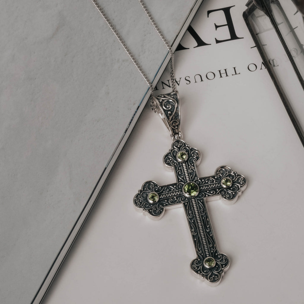 925 Silver Cross Pendant with Black Onyx, Peridot Gemstone/