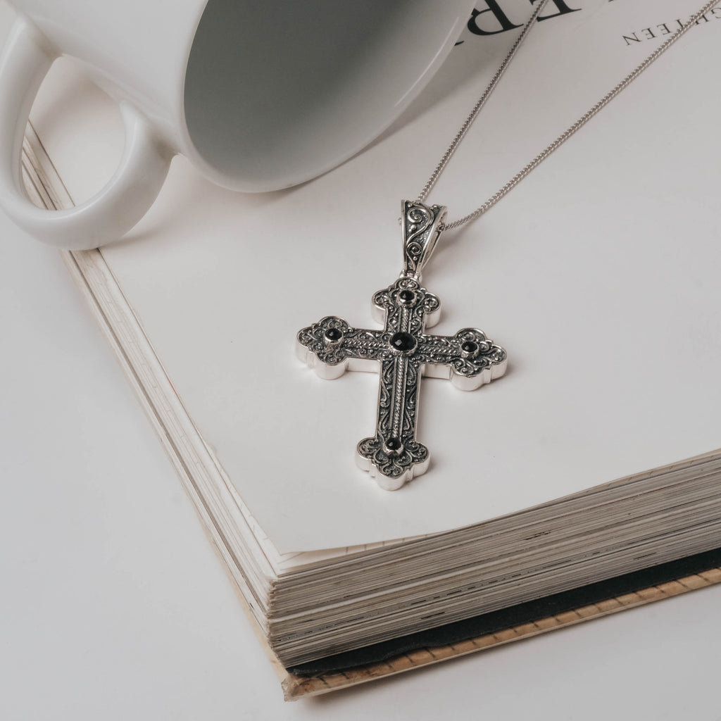 925 Silver Cross Pendant with Black Onyx, Peridot Gemstone/