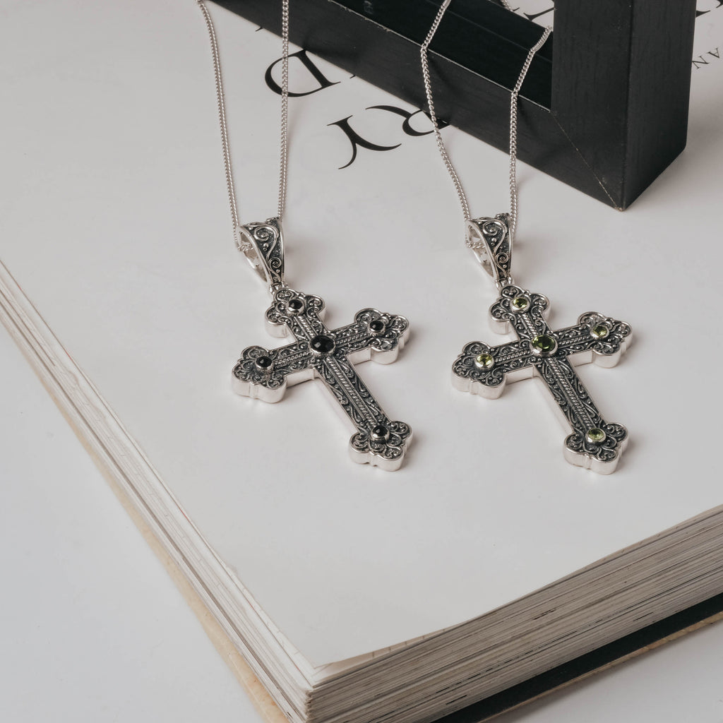 925 Silver Cross Pendant with Black Onyx, Peridot Gemstone/