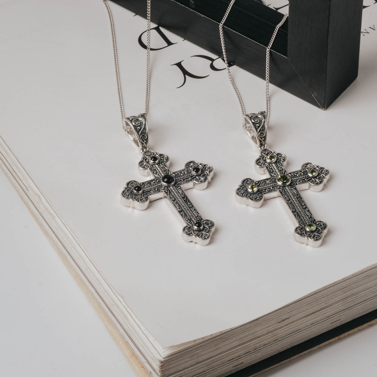 925 Silver Cross Pendant with Black Onyx, Peridot Gemstone/
