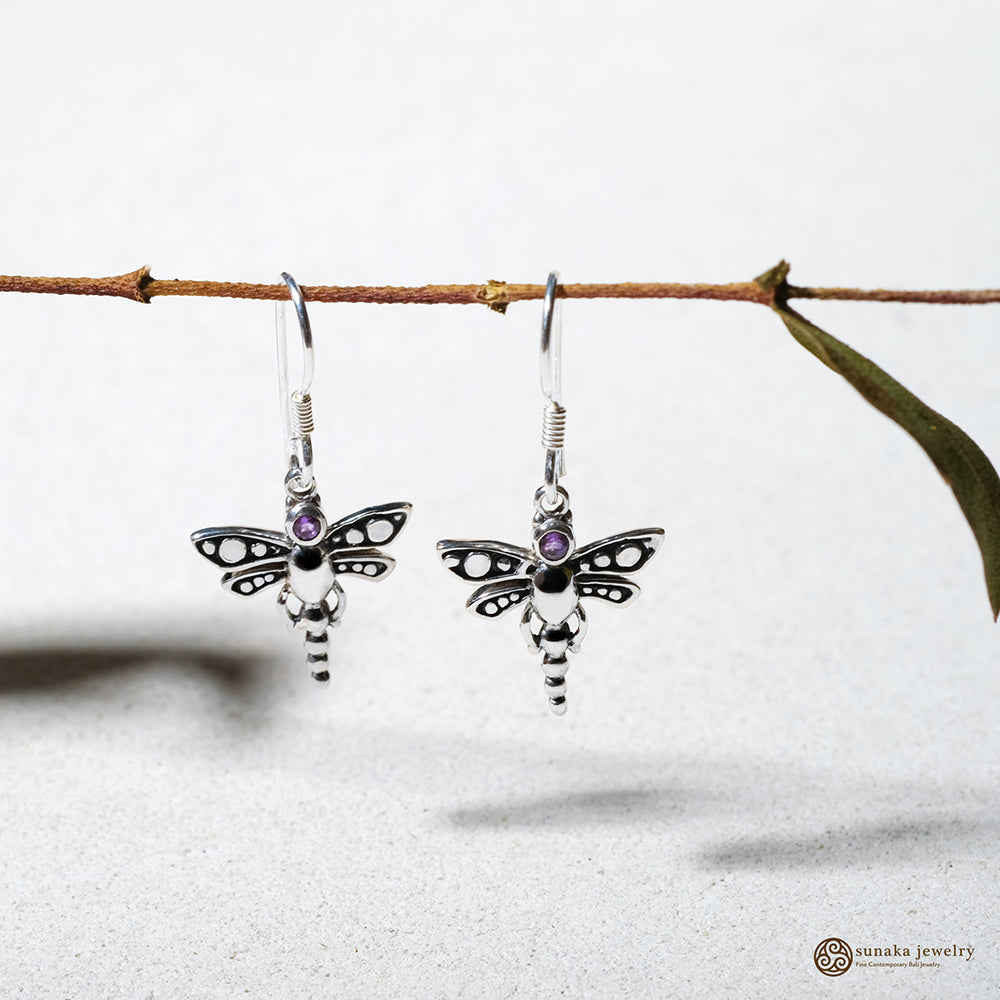 Anting Capung Bali Silver with Gemstone Dangle Earrings