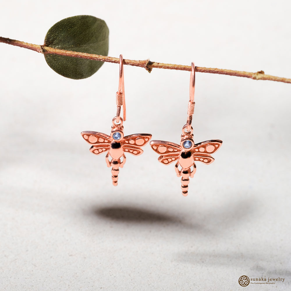 Anting Capung Bali Rose Gold with Gemstone Dangle Earrings