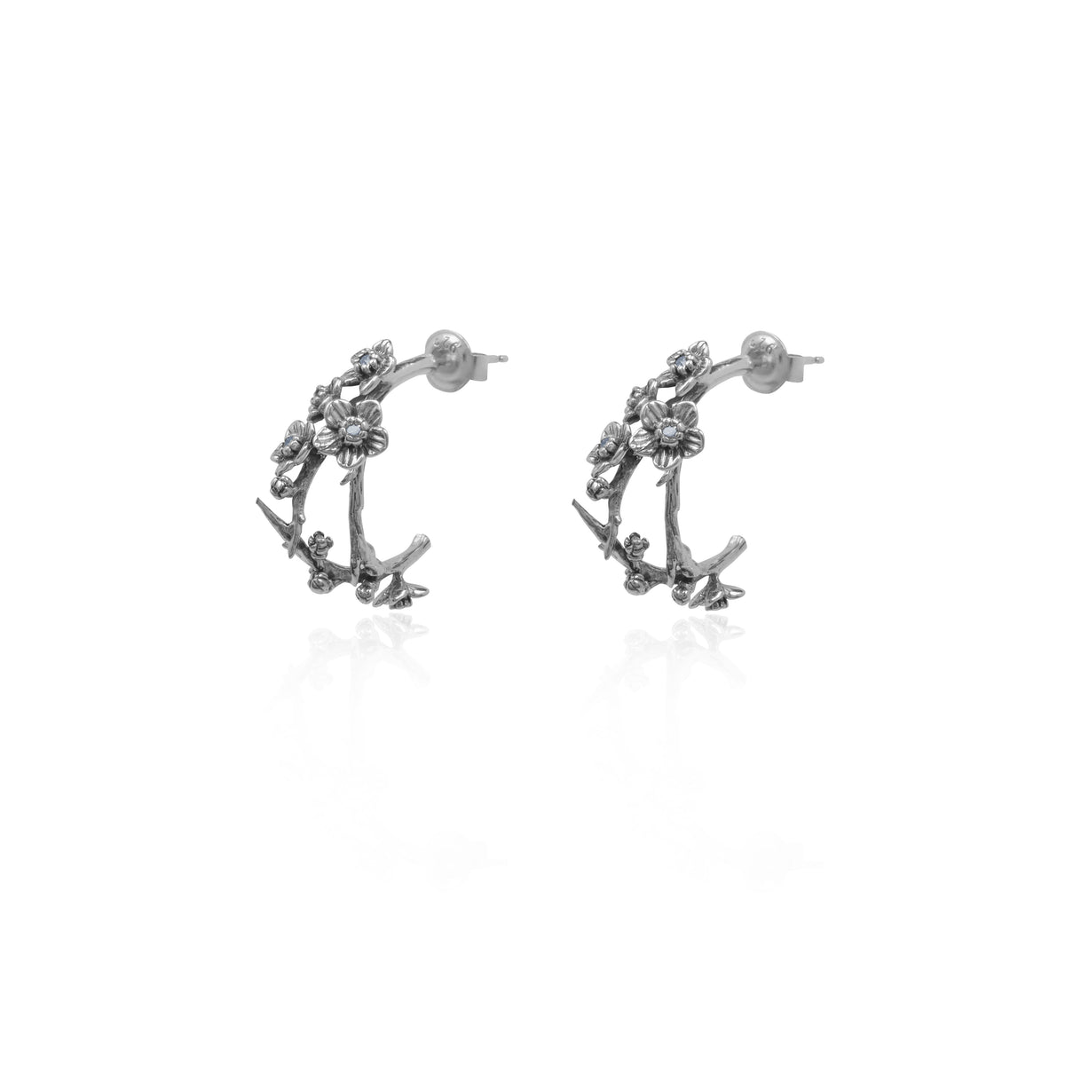 Sterling Silver 925 Cherry Blossom Collection Hoop Earrings