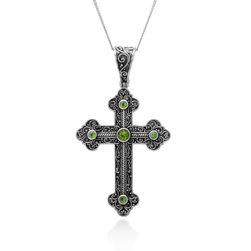 925 Silver Cross Pendant with Black Onyx, Peridot Gemstone/