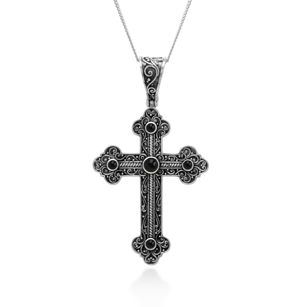 925 Silver Cross Pendant with Black Onyx, Peridot Gemstone/