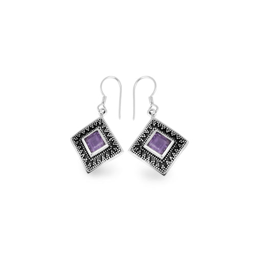 Classic Square Drop Earrings With Gemstones In 925 Sterling Silver Jawan Gunung Collections/E.373