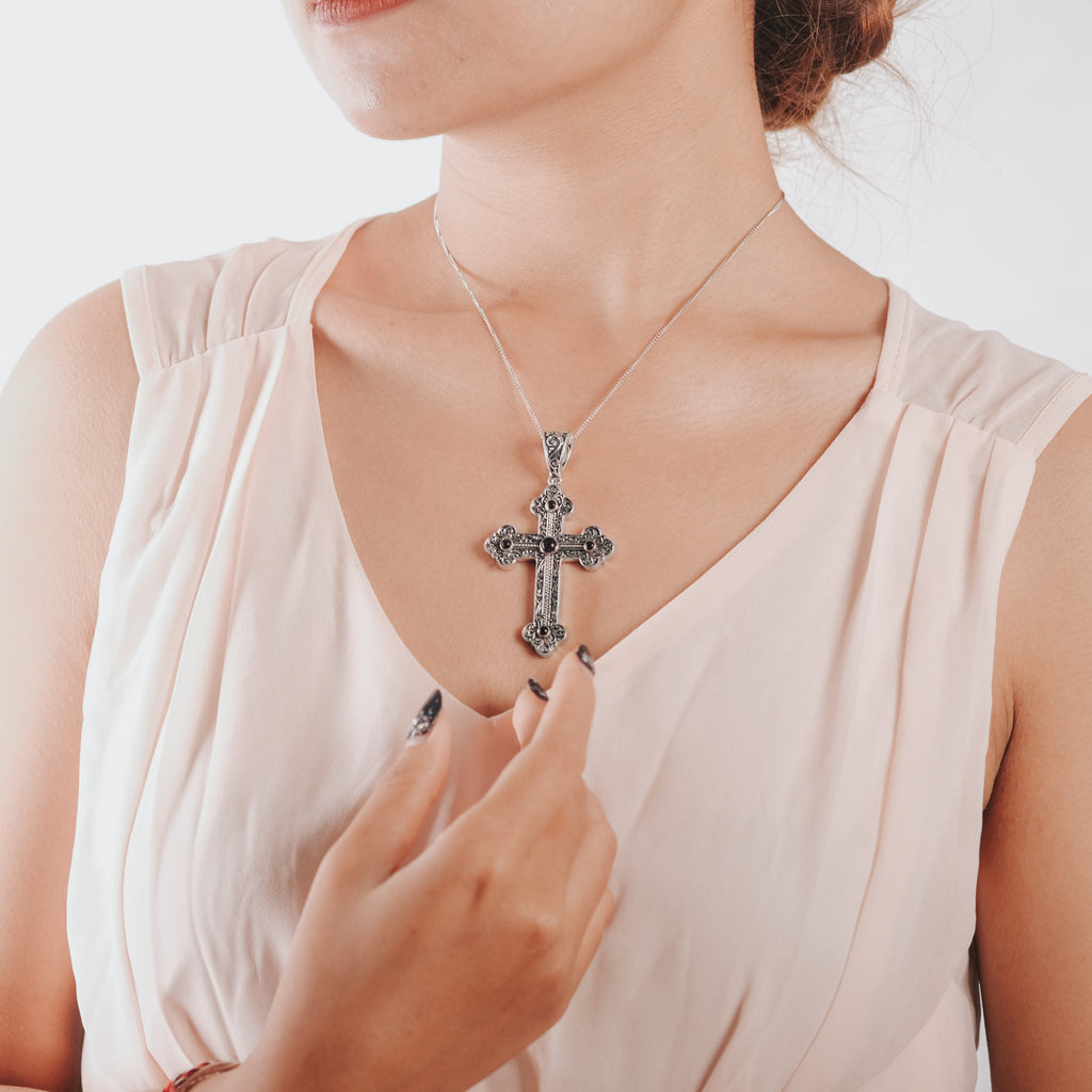 925 Silver Cross Pendant with Black Onyx, Peridot Gemstone/