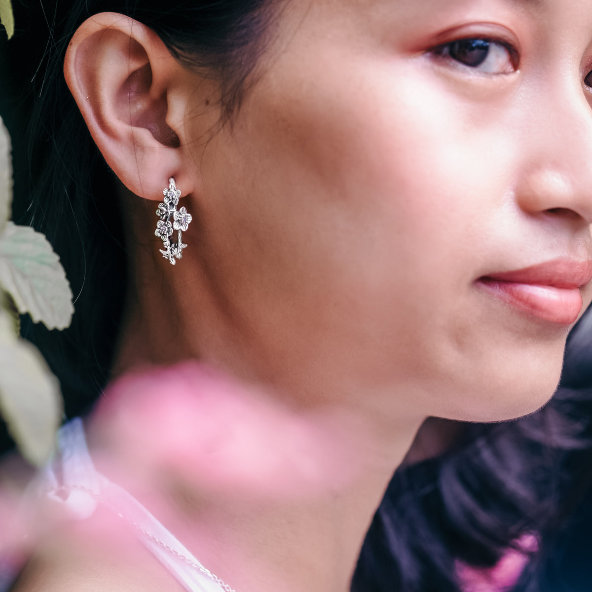 Sterling Silver 925 Cherry Blossom Collection Hoop Earrings