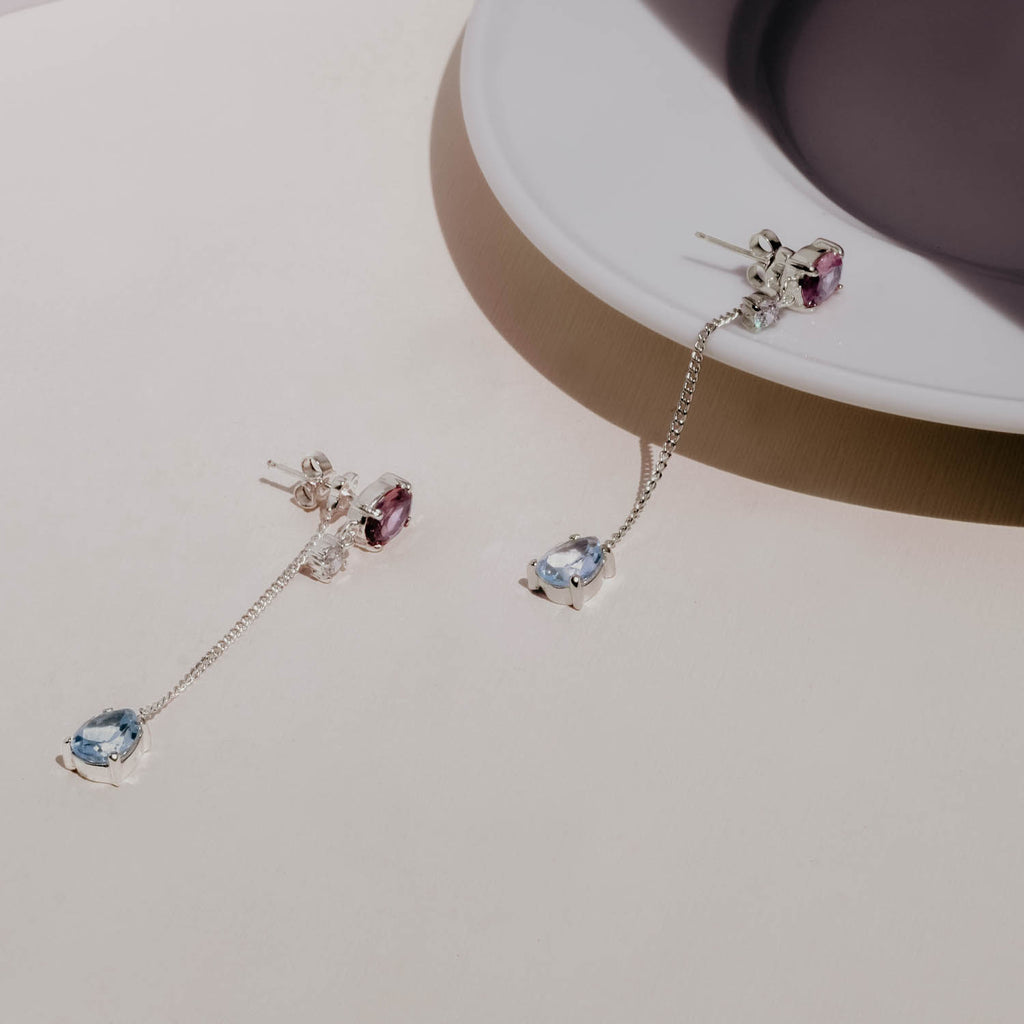 Sterling Silver 925 Confetti Collection Stud Earrings with Chain