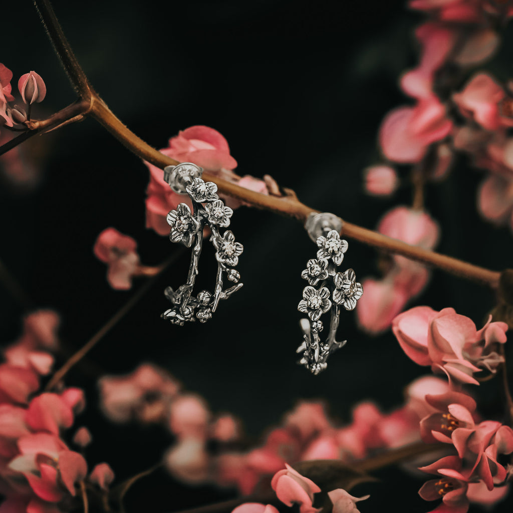 Sterling Silver 925 Cherry Blossom Collection Hoop Earrings