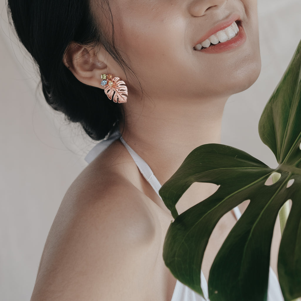 Rose Gold Plated Monstera Mini Silver Stud Earrings