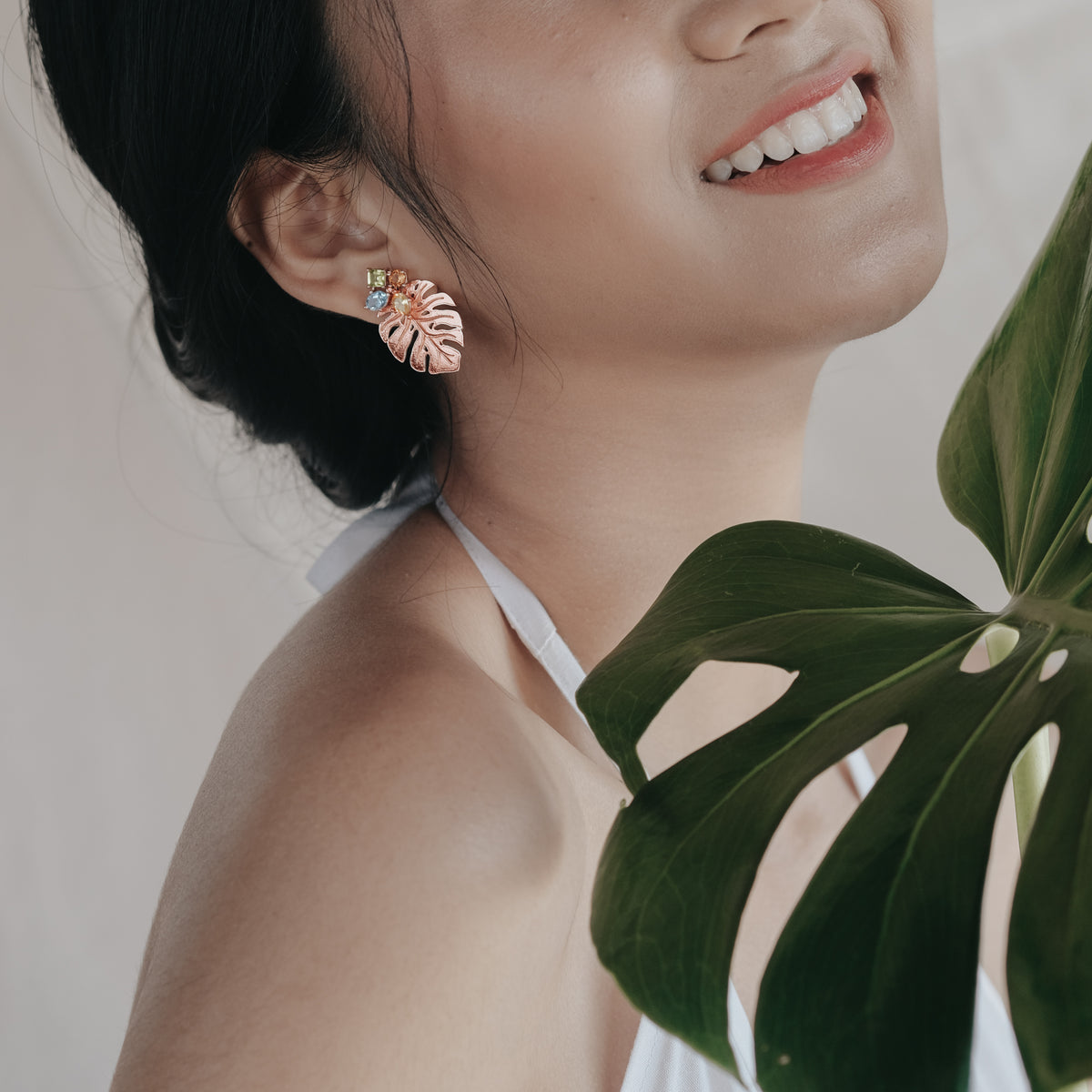 Rose Gold Plated Monstera Mini Silver Stud Earrings