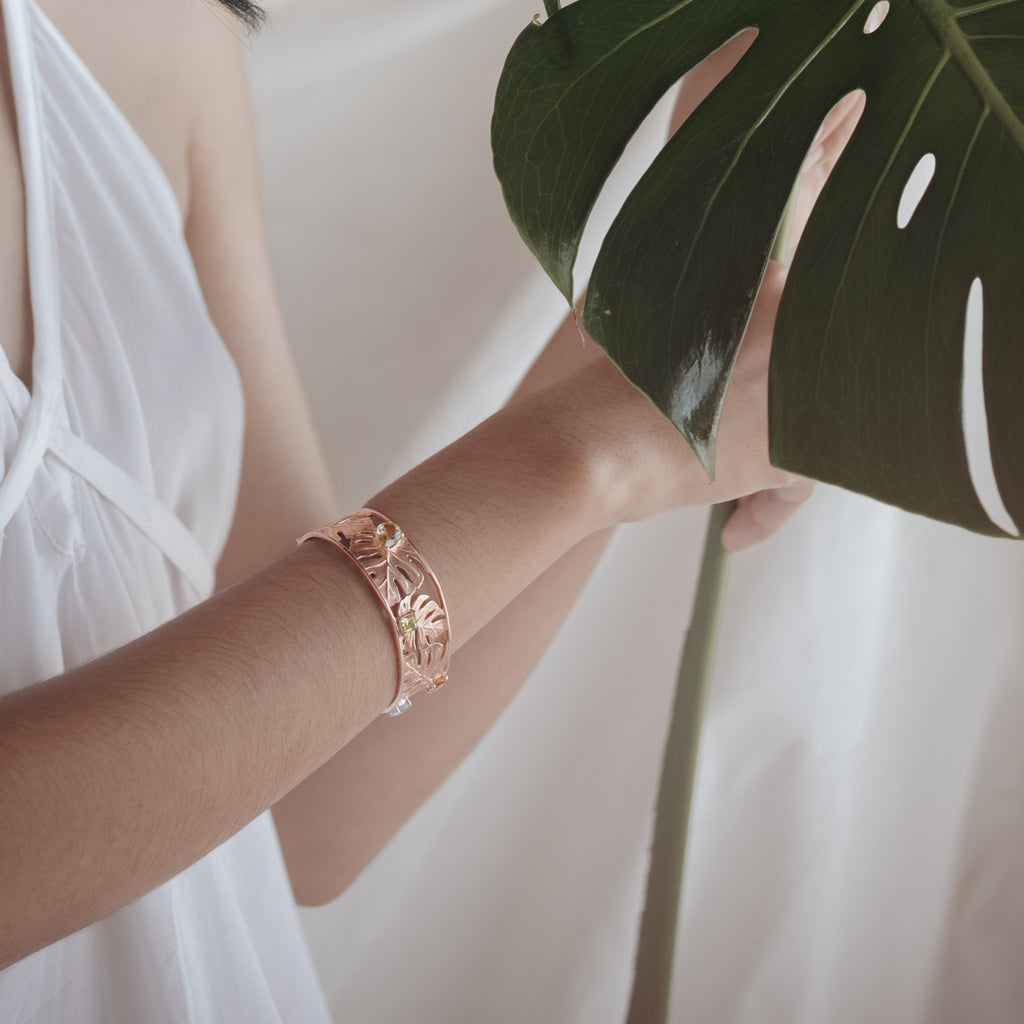 925 Silver Bangle Bracelet Monstera Collection Rose Gold Plated
