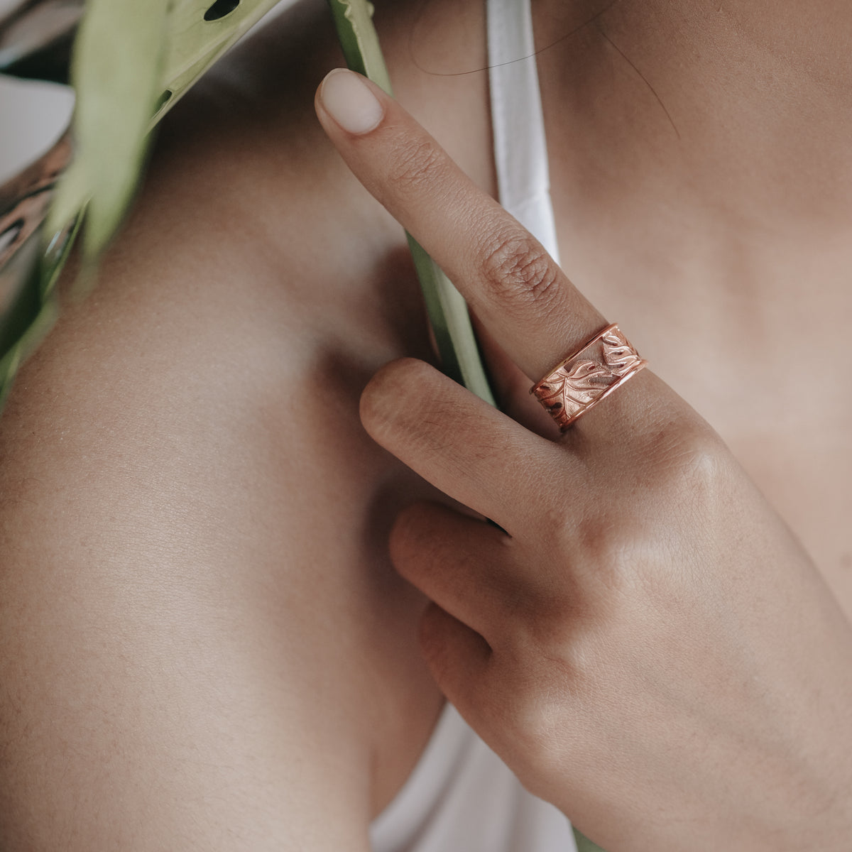 Cincin Band Perak 925 Monstera Rose Gold Plated