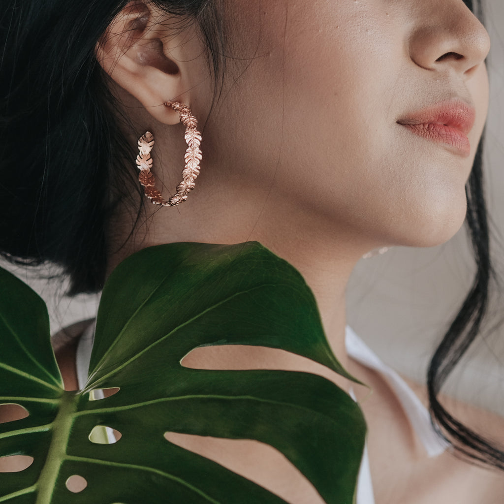 925 Silver Monstera Rose Gold Plated Large Hoop Earrings