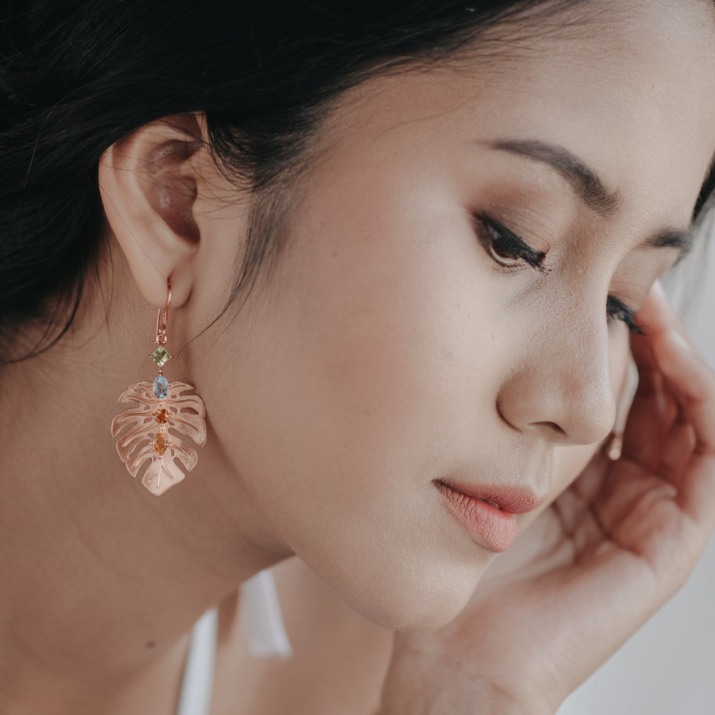 Anting Dangle Perak 925 Monstera Rose Gold Plated