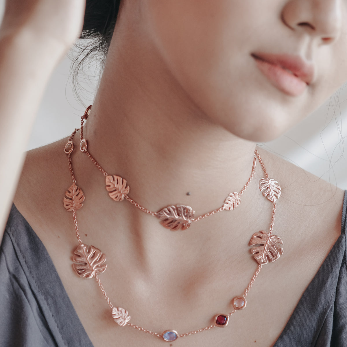 Kalung Layer Perak 925 Koleksi Monstera Rose Gold Plated