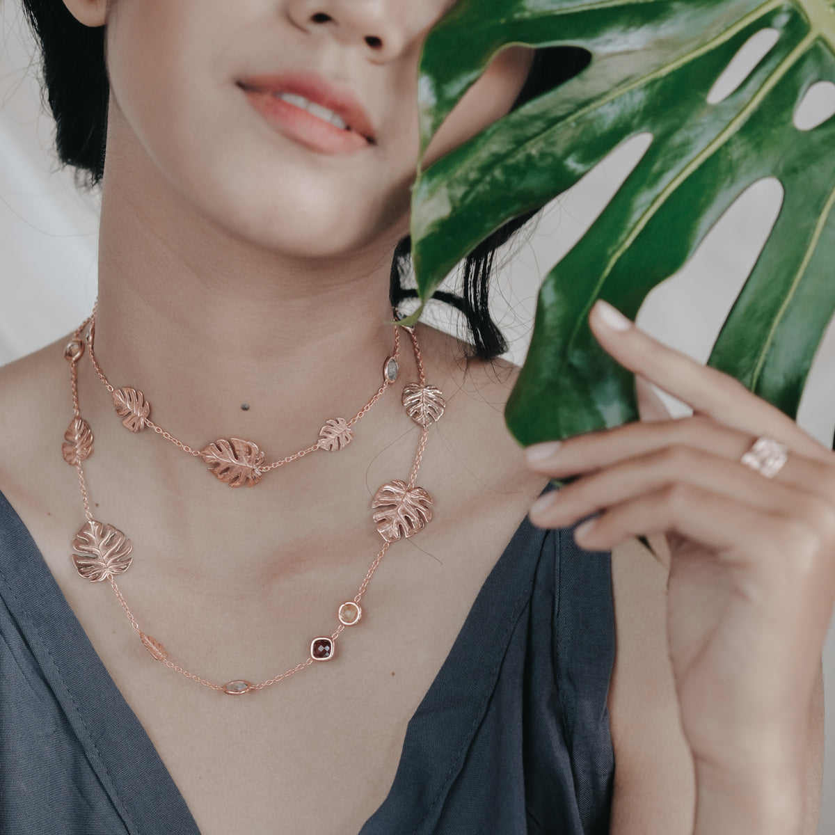 Kalung Layer Perak 925 Koleksi Monstera Rose Gold Plated