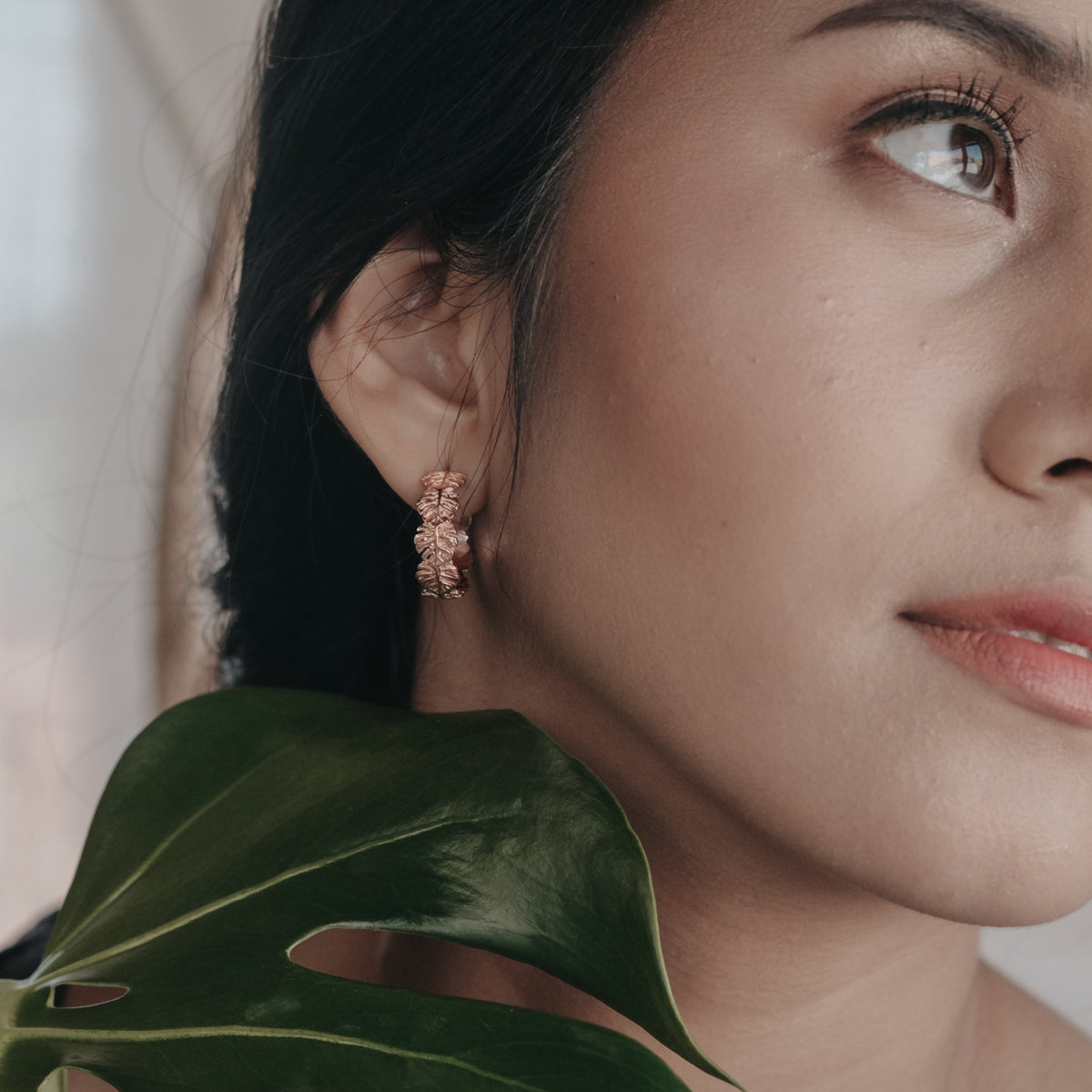 925 Silver Mini Monstera Hoop Earrings Rose Gold Plated