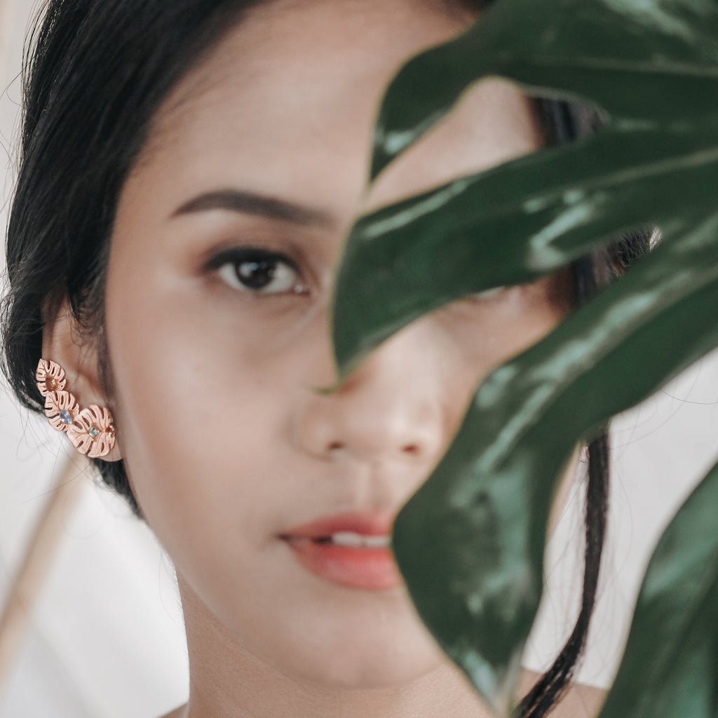 925 Silver Monstera Climber Earrings Rose Gold Plated
