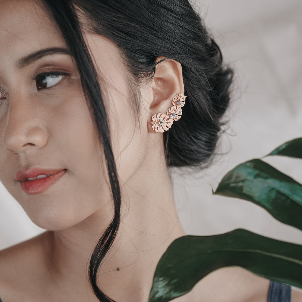 925 Silver Monstera Climber Earrings Rose Gold Plated