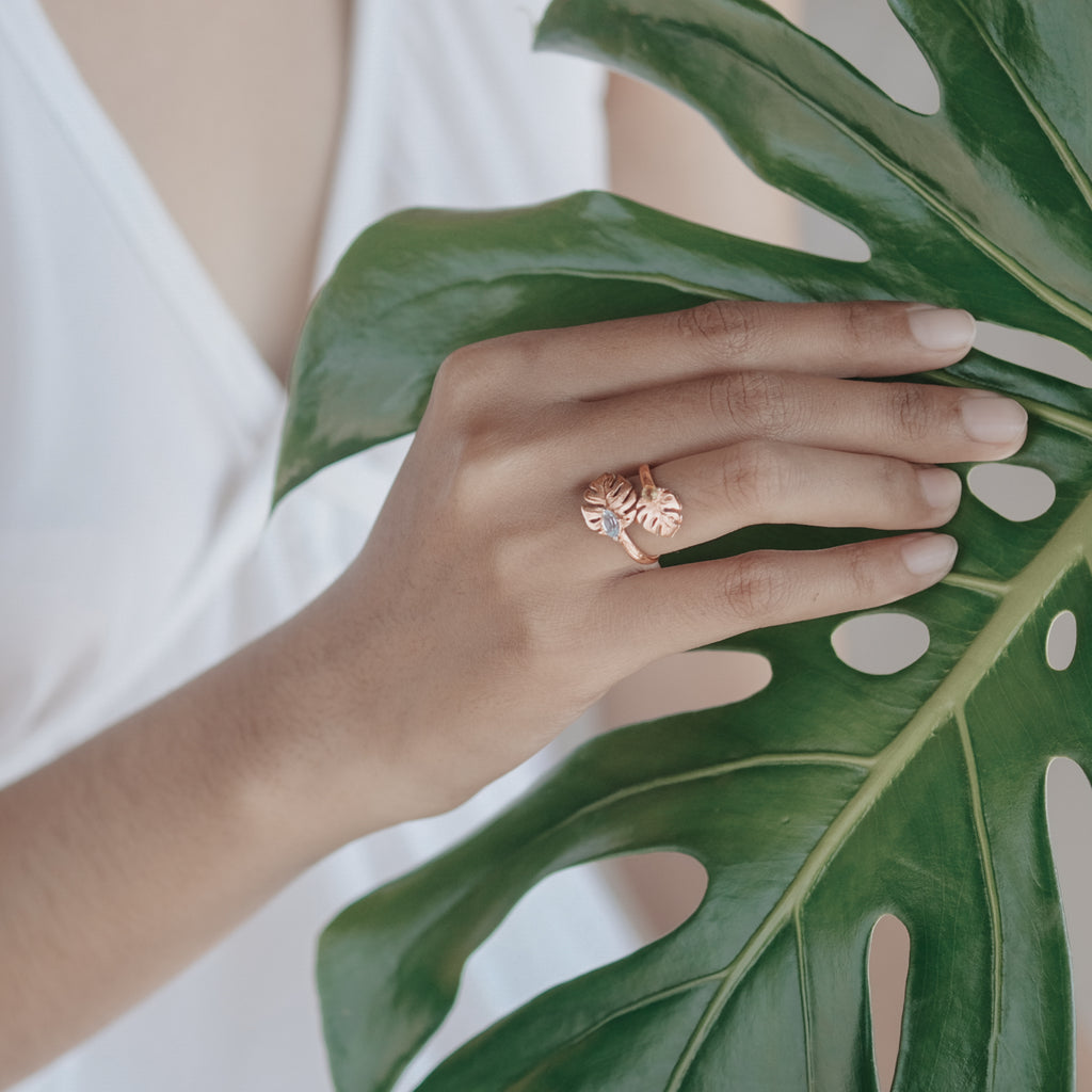 Adjustable 925 Silver Monstera Rose Gold Plated Ring