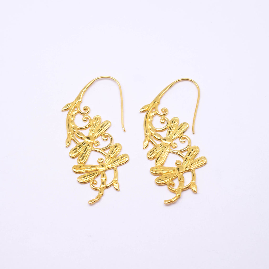 925 Sterling Silver Gold Plated Dragonfly Collection Dangle Earrings