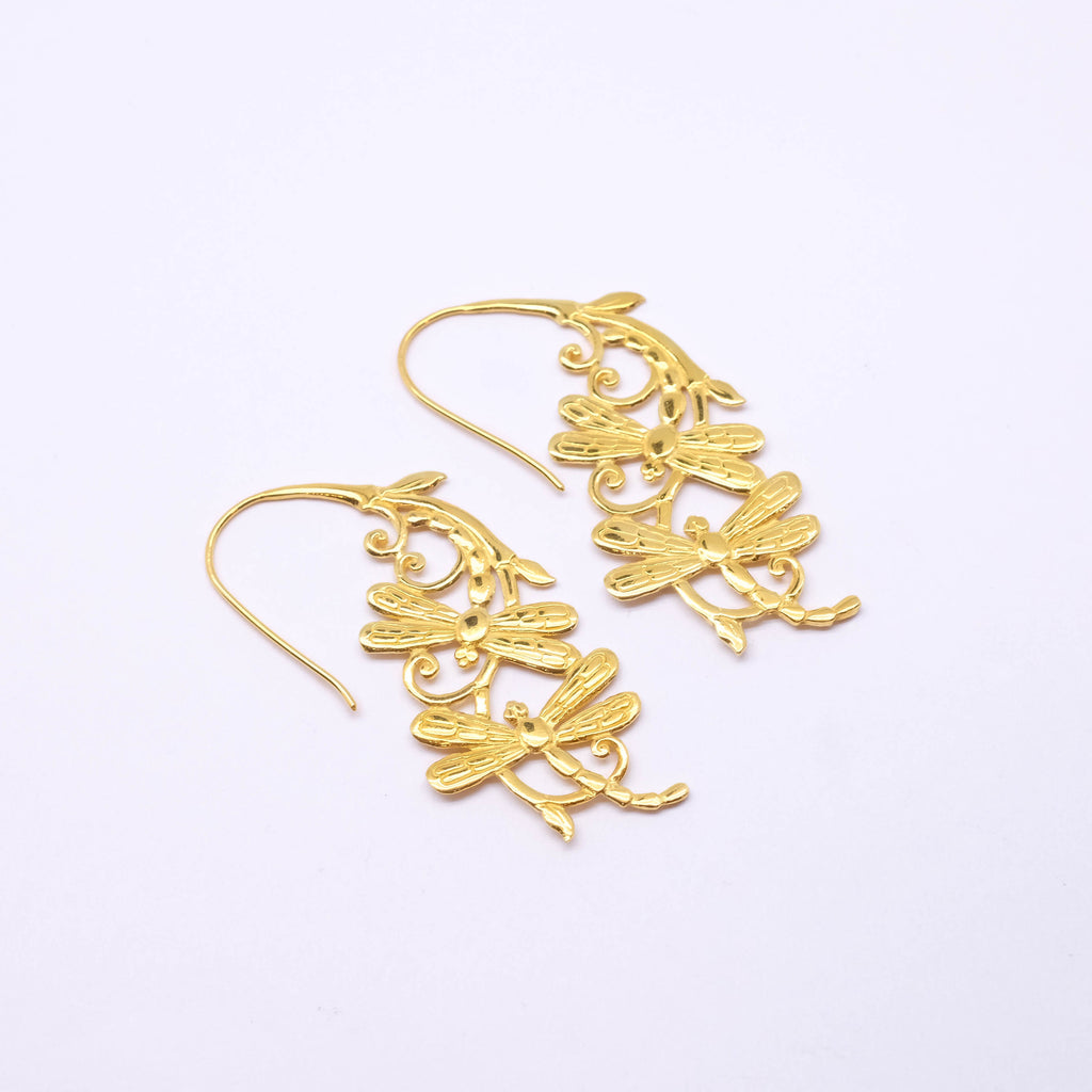 925 Sterling Silver Gold Plated Dragonfly Collection Dangle Earrings